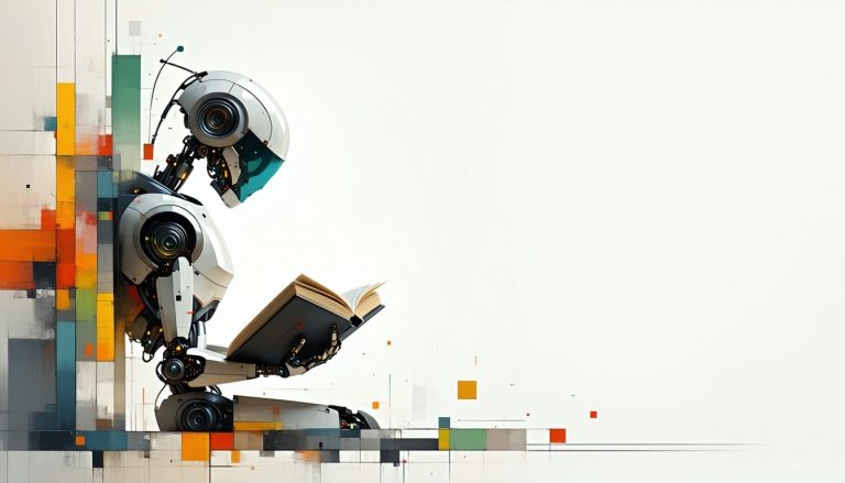 Robot reading a book, abstract design.